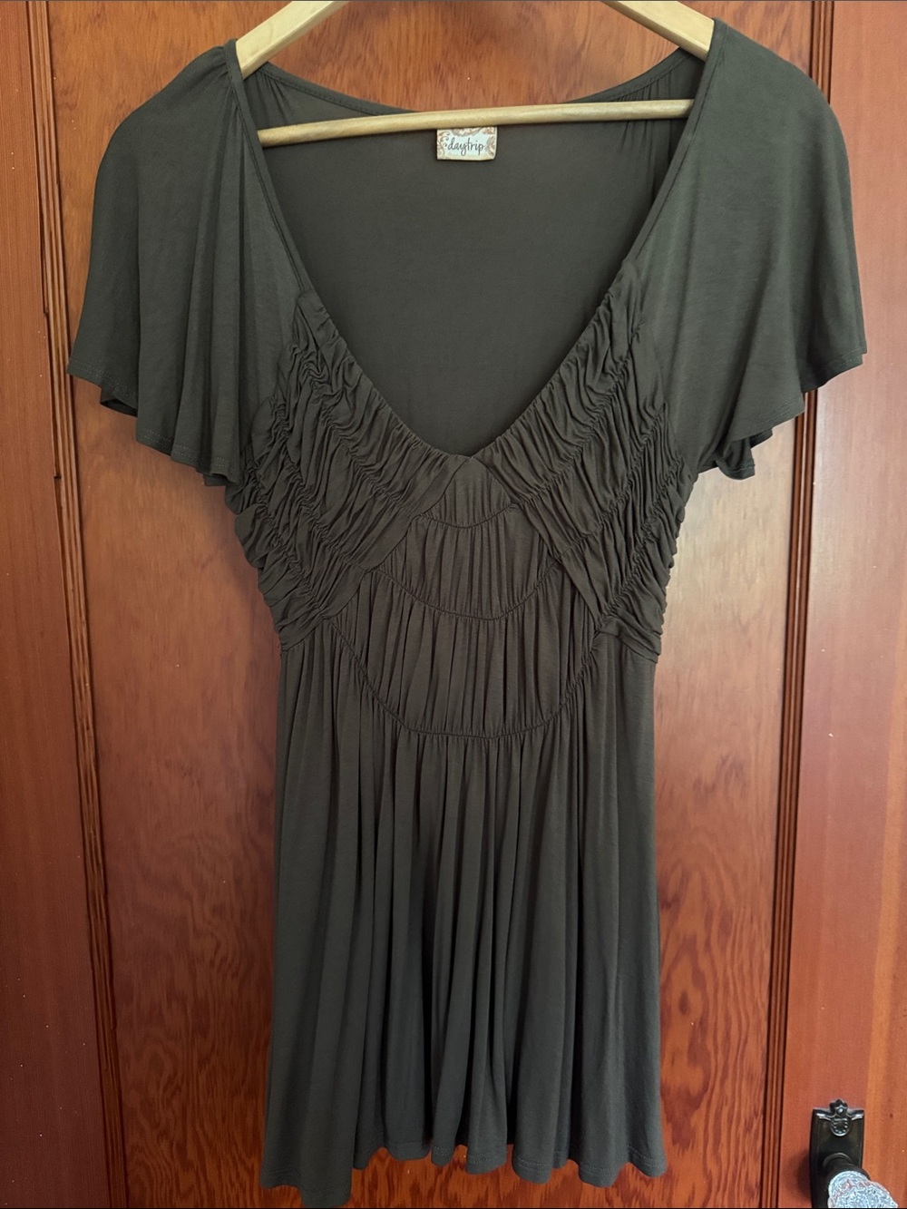 Daytrip Olive Green Ruched V-Neck Top
